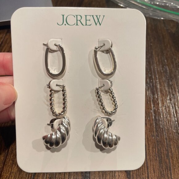 J.Crew Sculptural Silver Earrings Set of Three Brass Titanium Snap Hoops BO249 - Picture 1 of 7